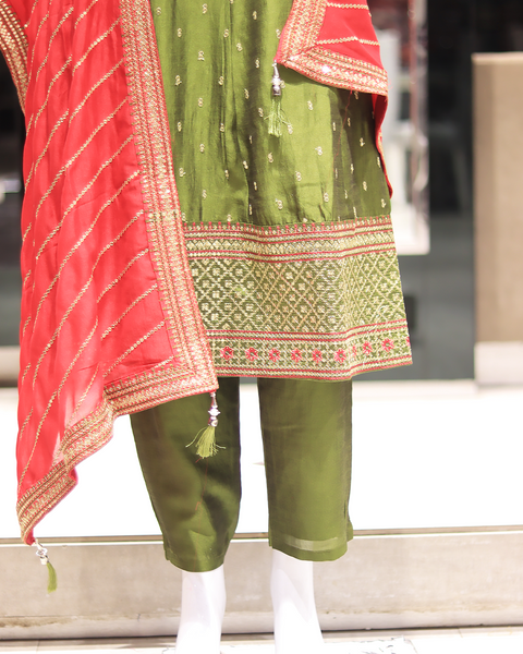Forest Green Straight Fit Raw Silk Suit With Red Dupatta