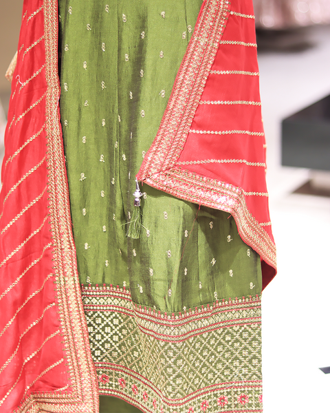 Forest Green Straight Fit Raw Silk Suit With Red Dupatta