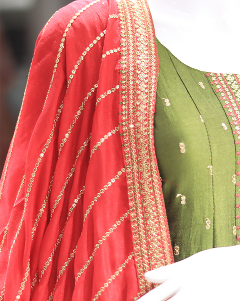 Forest Green Straight Fit Raw Silk Suit With Red Dupatta