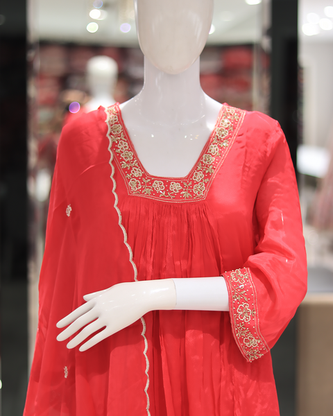 Vibrant Red Anarkali Style Suit for Parties