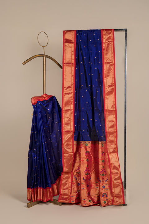 Gandharv Nauvari Pure Silk 9 Yard Saree in Royal Blue Paithani