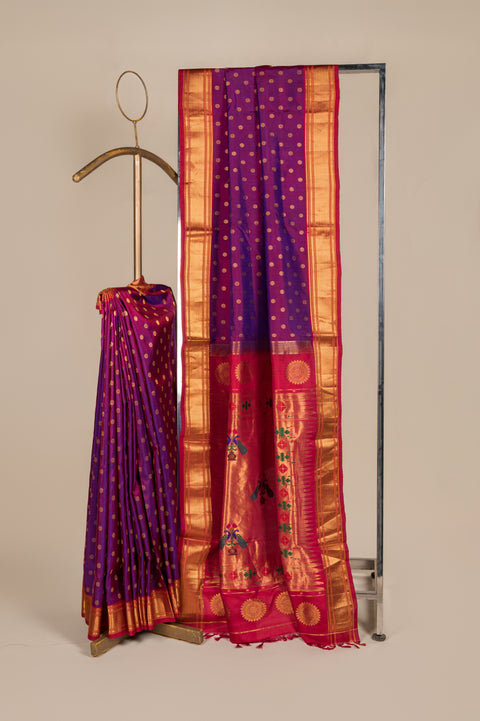 Purple Kalanjali Nauvari 9 yard Saree in Pure Silk with Red Border
