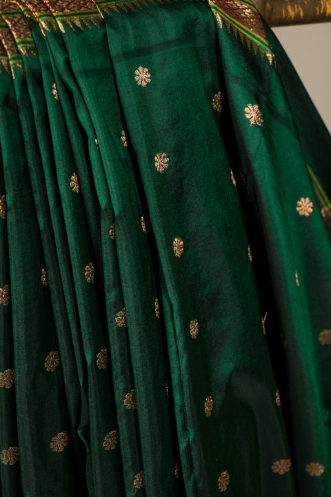 Bottle Green Pure Silk Gandharv Nauvari 9 Yard Saree with Tilgul Butta