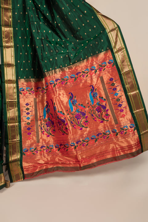 Bottle Green Pure Silk Gandharv Nauvari 9 Yard Saree with Tilgul Butta