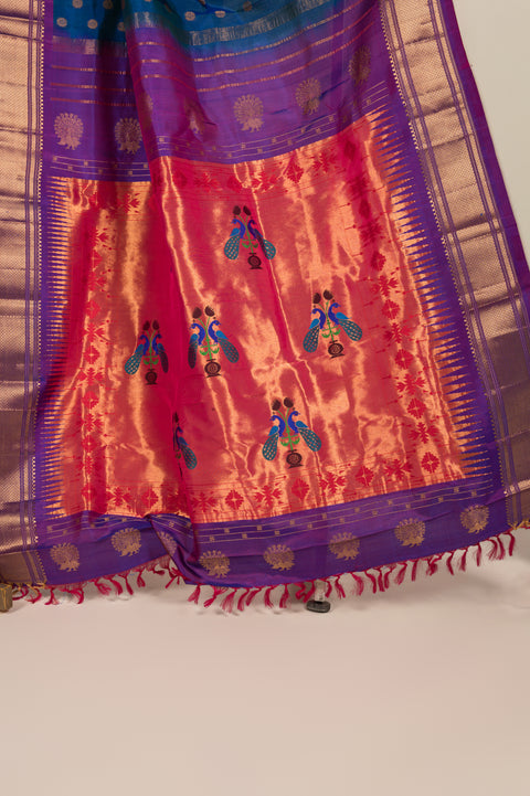 Blue Kalanjali Nauvari 9 yard Pure Silk Saree with Rudraksh Butta