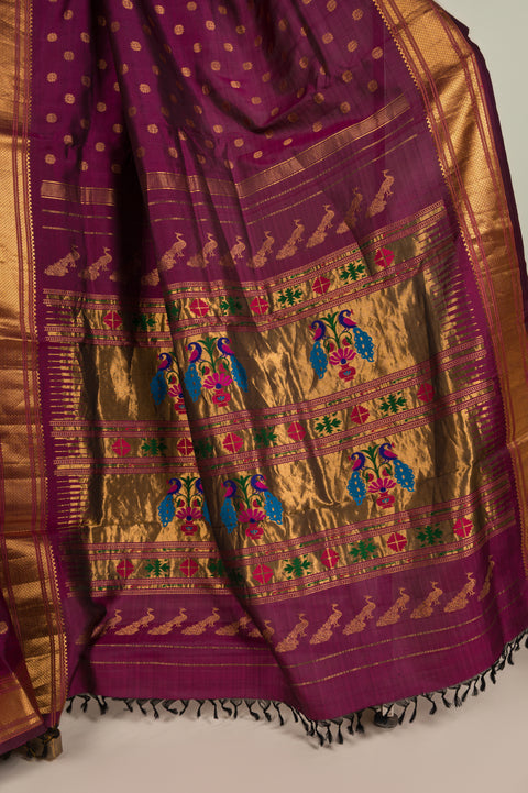 Wine Kalanjali Nauvari Handwoven 9 yard Saree in Pure Silk