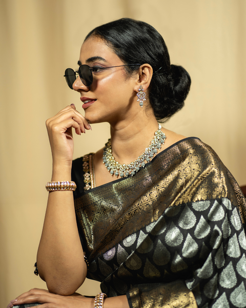 Black Kanjeevaram Silk Saree with Silk Zari Butties and Golden Border