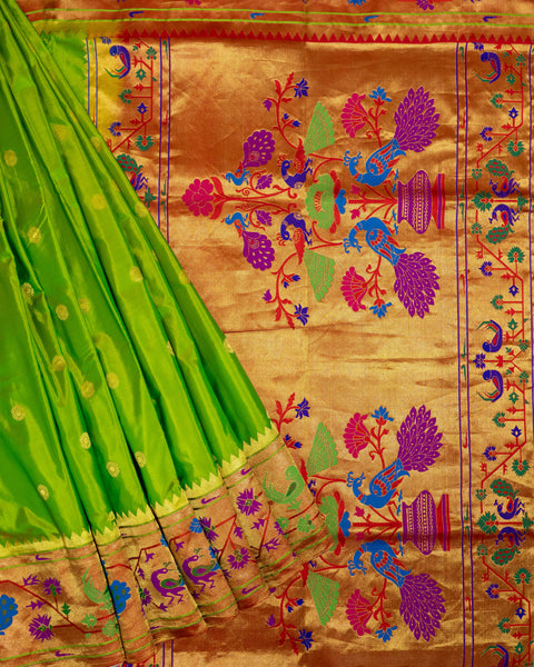 Parrot Green Pure Silk Paithani Saree with Contrast Red Floral Zari Border