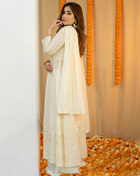 Off White Lucknowi Georgette Suit