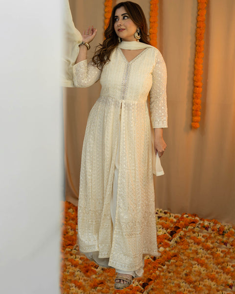 Off White Lucknowi Georgette Suit