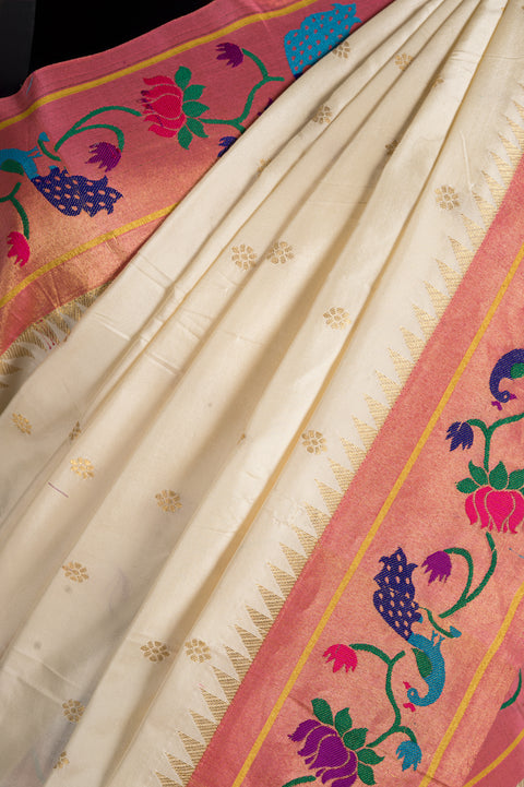 Cream Pure Silk Paithani Saree with Baby Pink Peacock Rudraksh Border