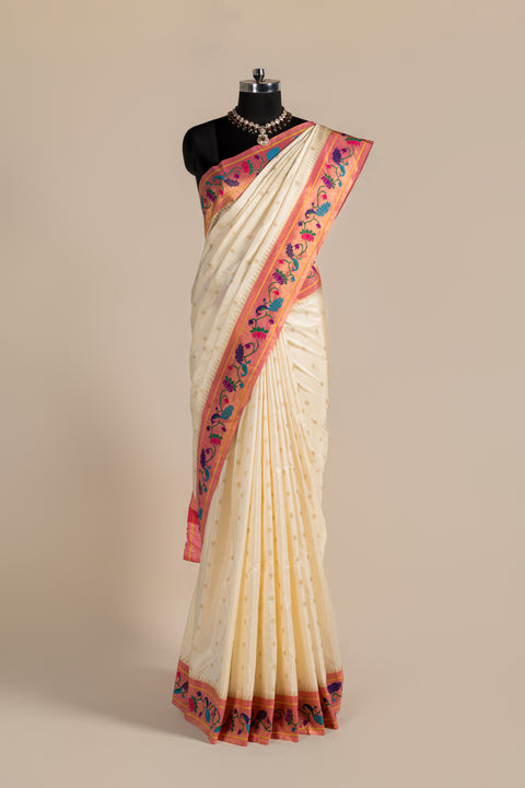 Cream Pure Silk Paithani Saree with Baby Pink Peacock Rudraksh Border