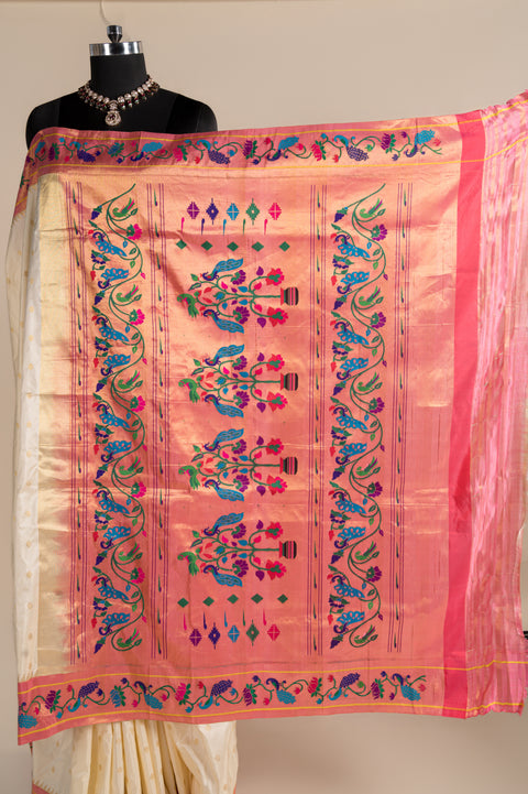 Cream Pure Silk Paithani Saree with Baby Pink Peacock Rudraksh Border