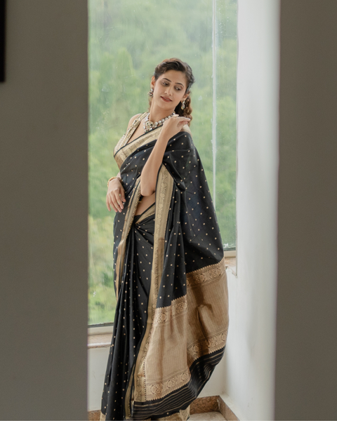 Black Banarasi Pure Silk Saree with Silver Zari Work Featuring Beautiful Yogita Chavan