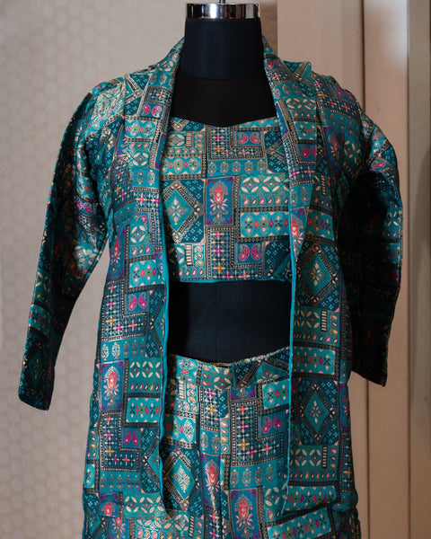 Aqua Blue Three-Piece Indo-Western Printed Outfit