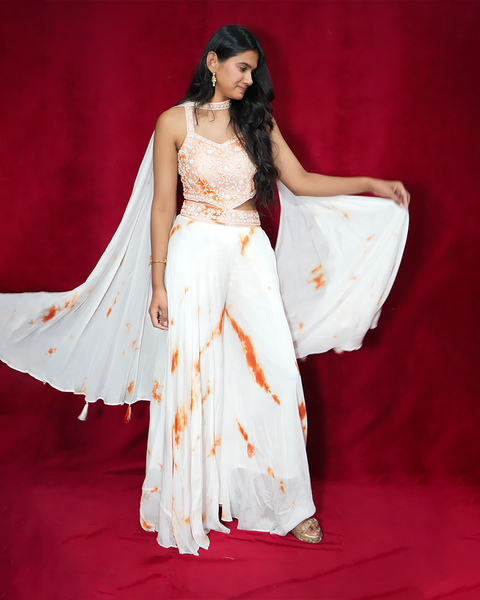 White and Orange Indo-Western Dress with Crop Top