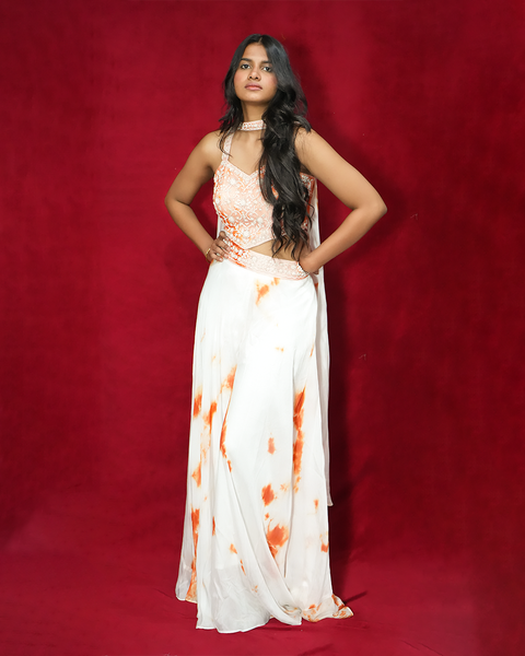 White and Orange Indo-Western Dress with Crop Top