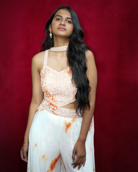 White and Orange Indo-Western Dress with Crop Top