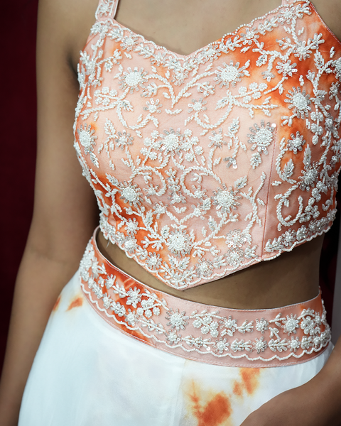 White and Orange Indo-Western Dress with Crop Top