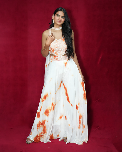 White and Orange Indo-Western Dress with Crop Top