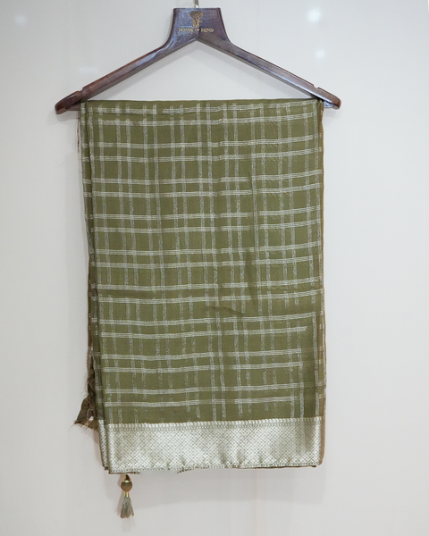 Olive Green Checked Georgette Saree with Zari Border