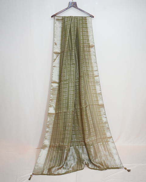 Olive Green Checked Georgette Saree with Zari Border