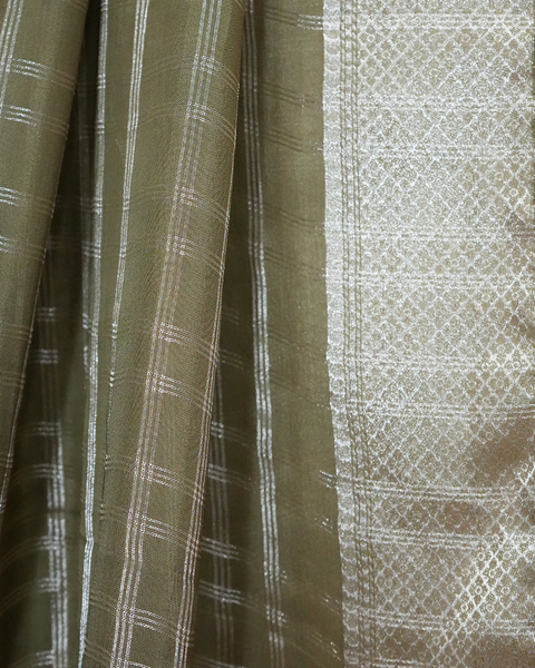Olive Green Checked Georgette Saree with Zari Border