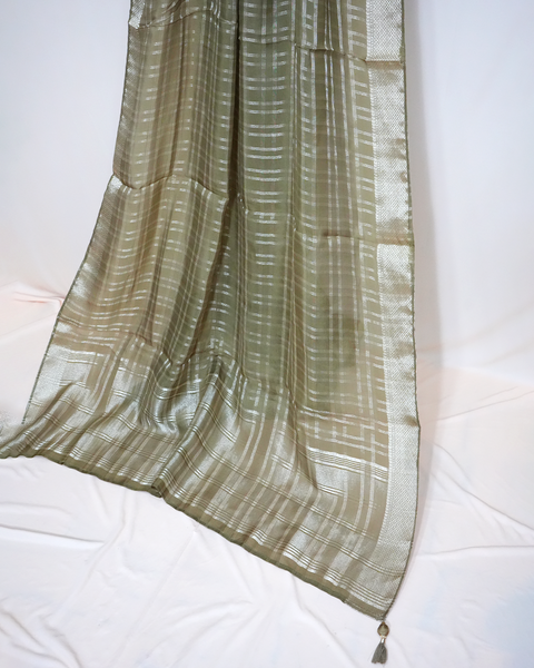 Olive Green Checked Georgette Saree with Zari Border