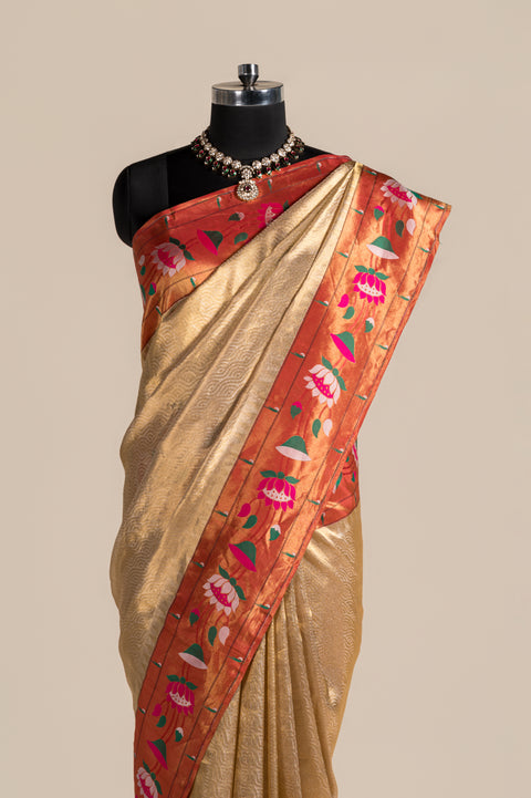 Golden Tissue Pure Silk Paithani Saree with Lotus Zari Border