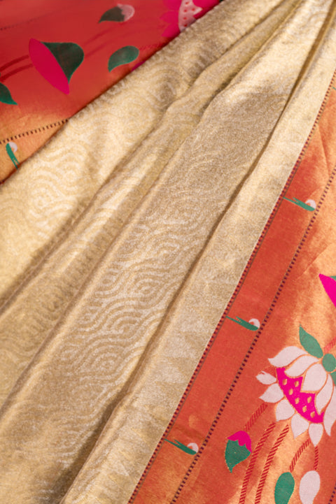 Golden Tissue Pure Silk Paithani Saree with Lotus Zari Border