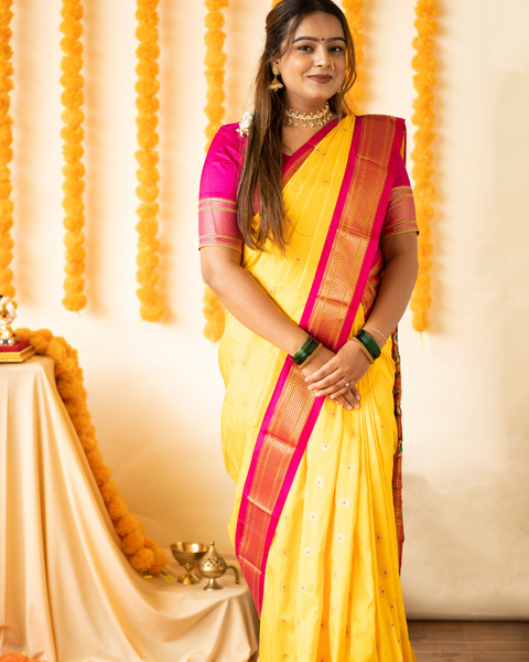 Yellow Pure Silk Paithani Saree with Contrasting Pink Traditional Border and Pallu