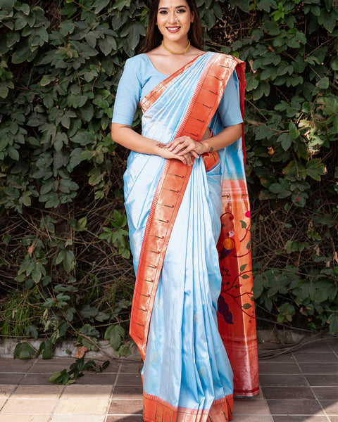 Powder Sky Blue Heirloom Pure Silk Single Munia Paithani Saree - The Vivaah Edit Lagan Special