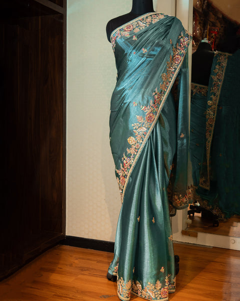 Light Sea Green Organza Saree with multi-color thread work