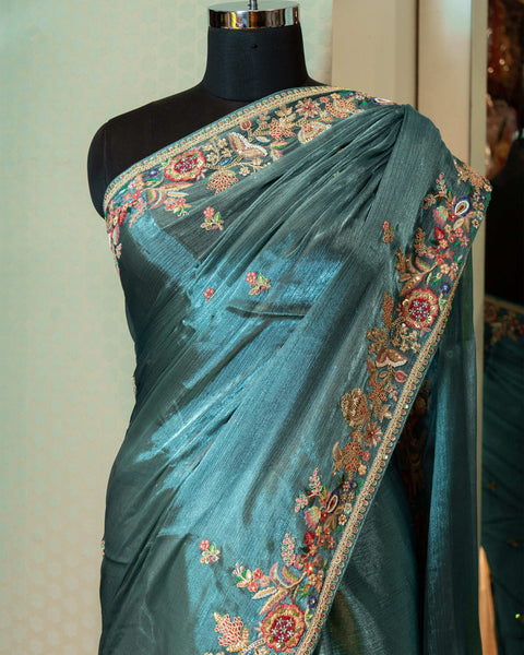 Light Sea Green Organza Saree with multi-color thread work
