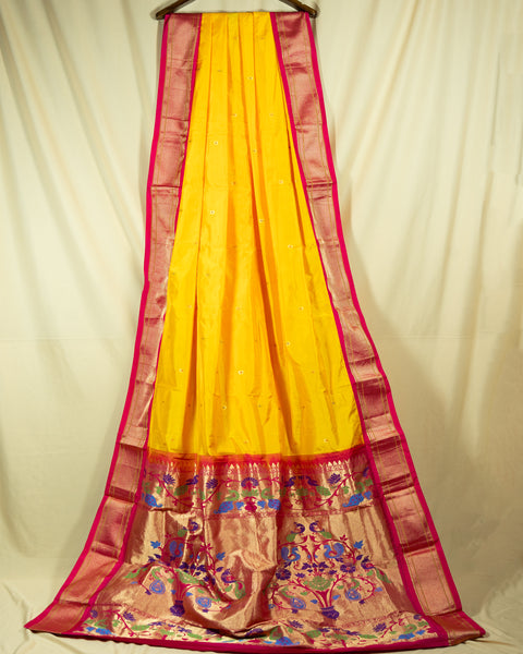 Yellow Semi Silk Paithani Saree with Contrast Pink Zari Border and Pallu