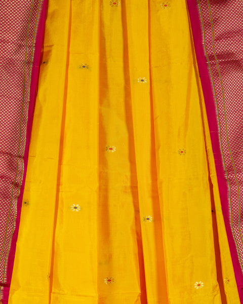 Yellow Semi Silk Paithani Saree with Contrast Pink Zari Border and Pallu