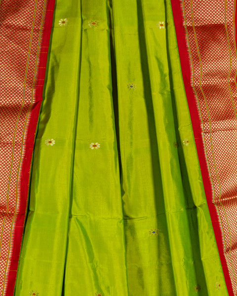 Parrot Green Semi Silk Paithani Saree with Red Zari Border and Pallu