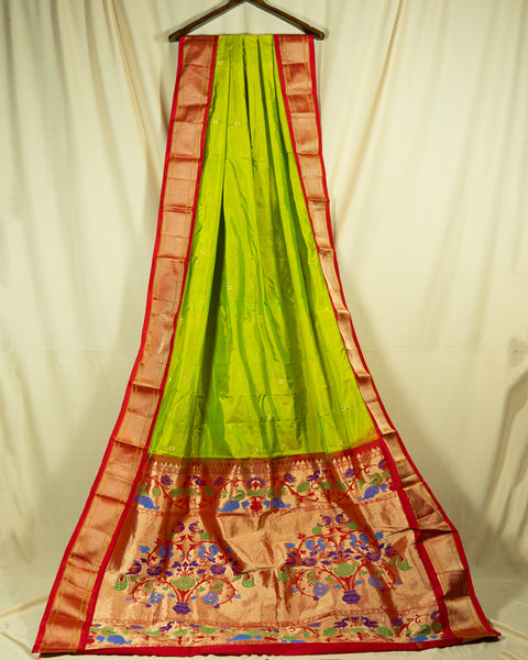 Parrot Green Semi Silk Paithani Saree with Red Zari Border and Pallu