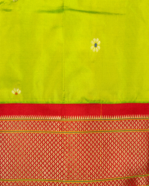 Parrot Green Semi Silk Paithani Saree with Red Zari Border and Pallu