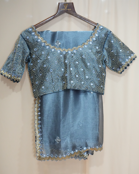 Elegant Blue Tissue Silk Saree with Mirror Work & Embellished Blouse