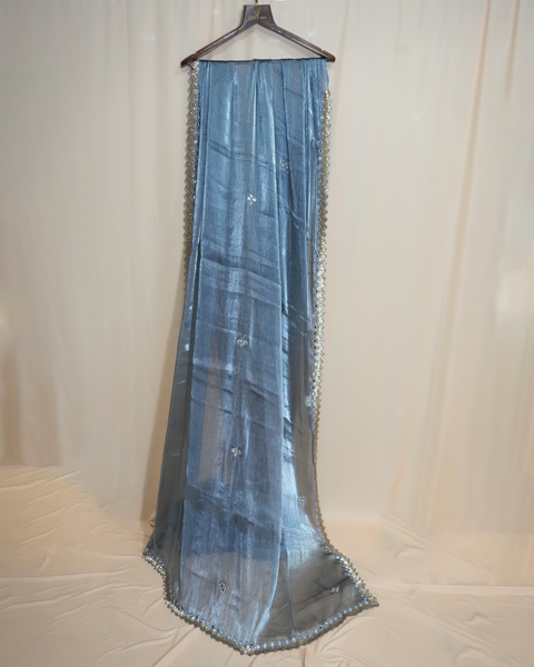 Elegant Blue Tissue Silk Saree with Mirror Work & Embellished Blouse