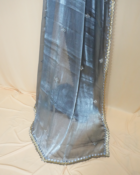 Elegant Blue Tissue Silk Saree with Mirror Work & Embellished Blouse