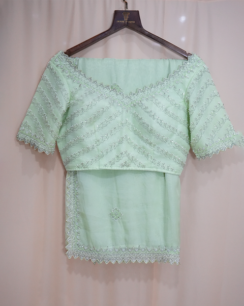 Elegant Pastel Green Organza Saree – Timeless Grace & Sheer Elegance