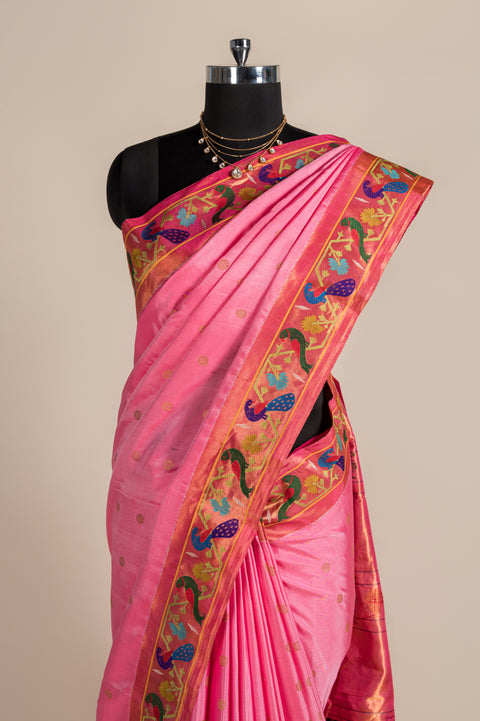 Baby Pink Pure Silk Paithani Saree with Triangle Peacock Border