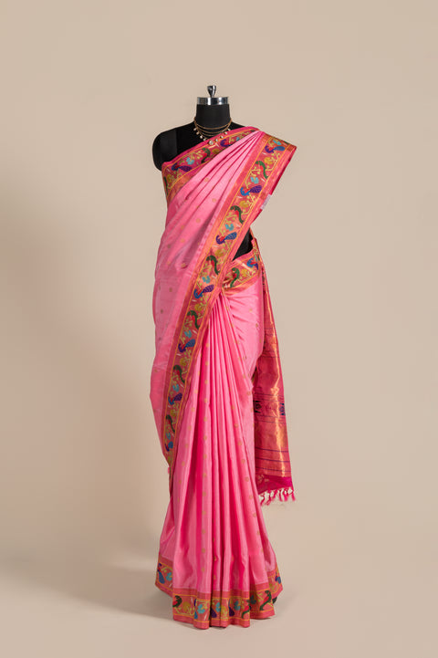 Baby Pink Pure Silk Paithani Saree with Triangle Peacock Border