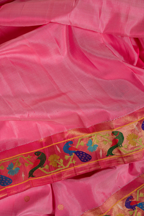 Baby Pink Pure Silk Paithani Saree with Triangle Peacock Border