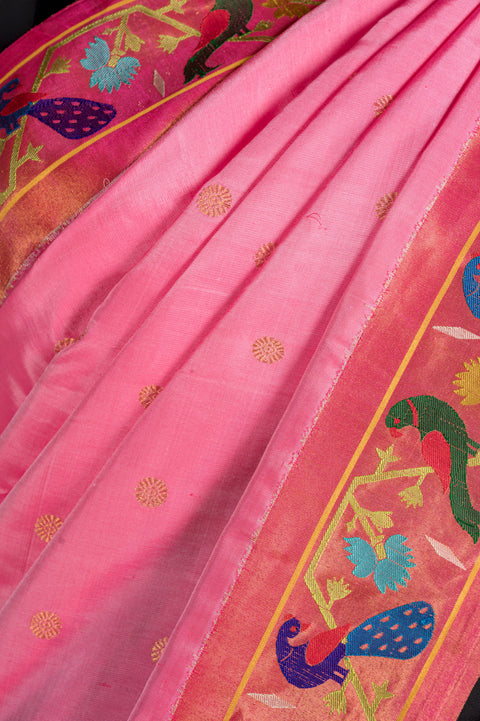 Baby Pink Pure Silk Paithani Saree with Triangle Peacock Border