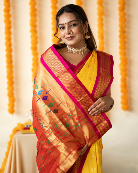 Yellow Pure Silk Paithani Saree with Contrasting Pink Traditional Border and Pallu