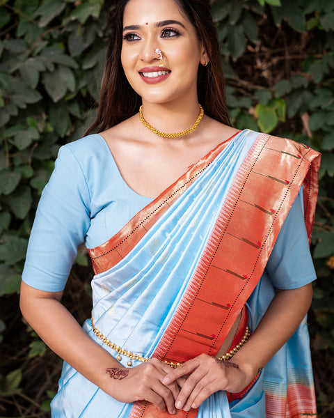 Powder Sky Blue Heirloom Pure Silk Single Munia Paithani Saree - The Vivaah Edit Lagan Special