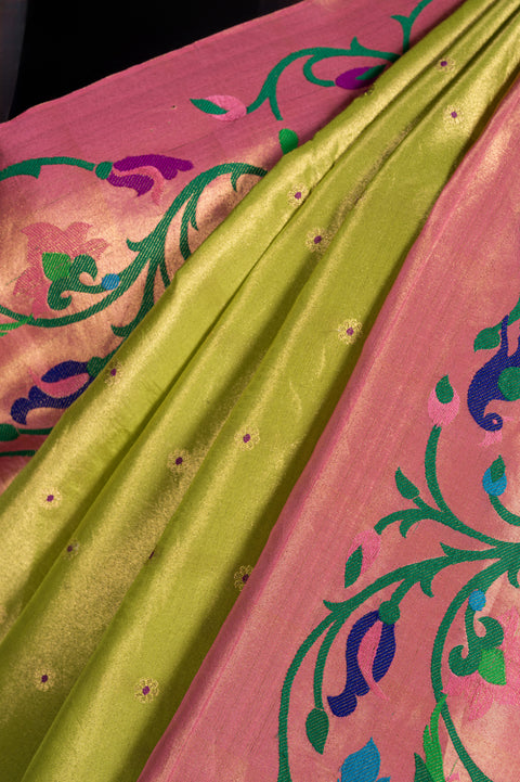 Shahi Parrot Green Pure Silk Paithani Saree with Meena Butta